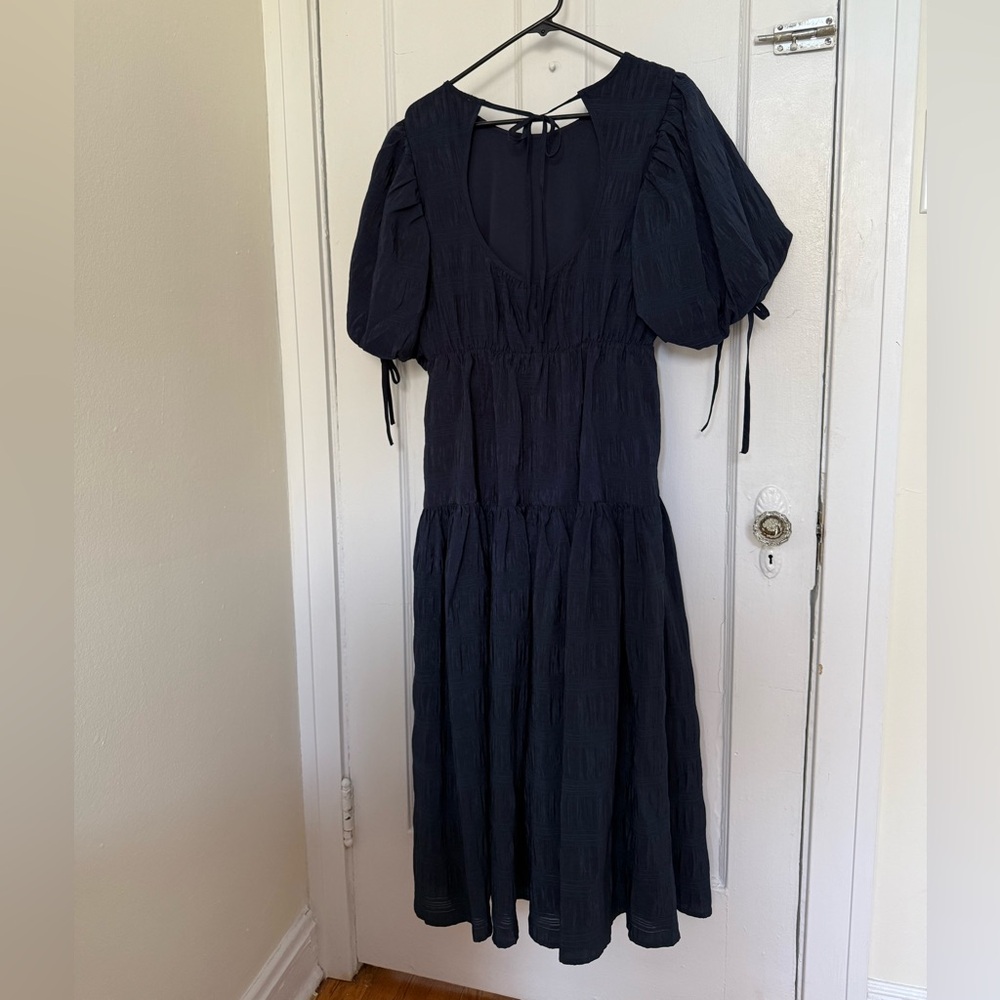 Moon River Puff Sleeve Navy Midi Christmas Holiday Dress With Stripe Texture M - Picture 4 of 7